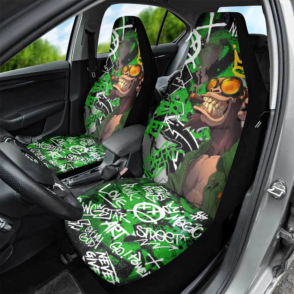 Graffiti Street Art Car Seat Cover Smoking Ape Character and Neon Crown Symbols in Green and Yellow Graphic Design - Wonder Print Shop