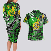Graffiti Street Art Couples Matching Long Sleeve Bodycon Dress and Hawaiian Shirt Smoking Ape Character and Neon Crown Symbols in Green and Yellow Graphic Design - Wonder Print Shop