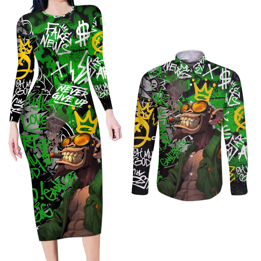 Graffiti Street Art Couples Matching Long Sleeve Bodycon Dress and Long Sleeve Button Shirt Smoking Ape Character and Neon Crown Symbols in Green and Yellow Graphic Design - Wonder Print Shop