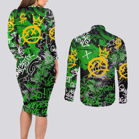 Graffiti Street Art Couples Matching Long Sleeve Bodycon Dress and Long Sleeve Button Shirt Smoking Ape Character and Neon Crown Symbols in Green and Yellow Graphic Design - Wonder Print Shop