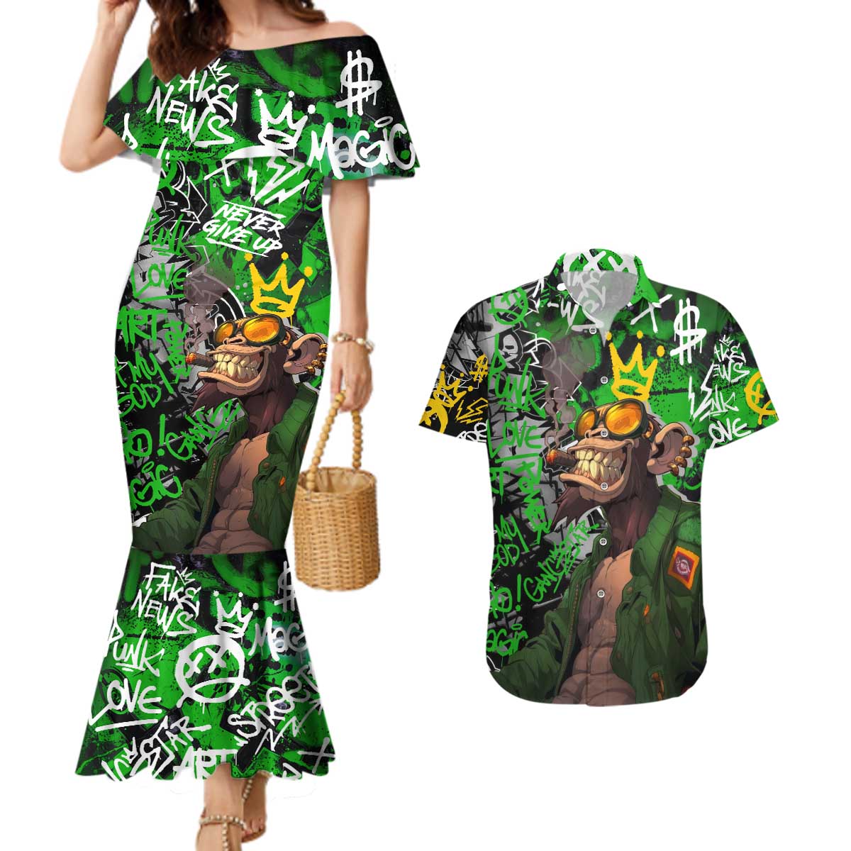 Graffiti Street Art Couples Matching Mermaid Dress and Hawaiian Shirt Smoking Ape Character and Neon Crown Symbols in Green and Yellow Graphic Design - Wonder Print Shop