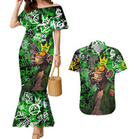 Graffiti Street Art Couples Matching Mermaid Dress and Hawaiian Shirt Smoking Ape Character and Neon Crown Symbols in Green and Yellow Graphic Design - Wonder Print Shop