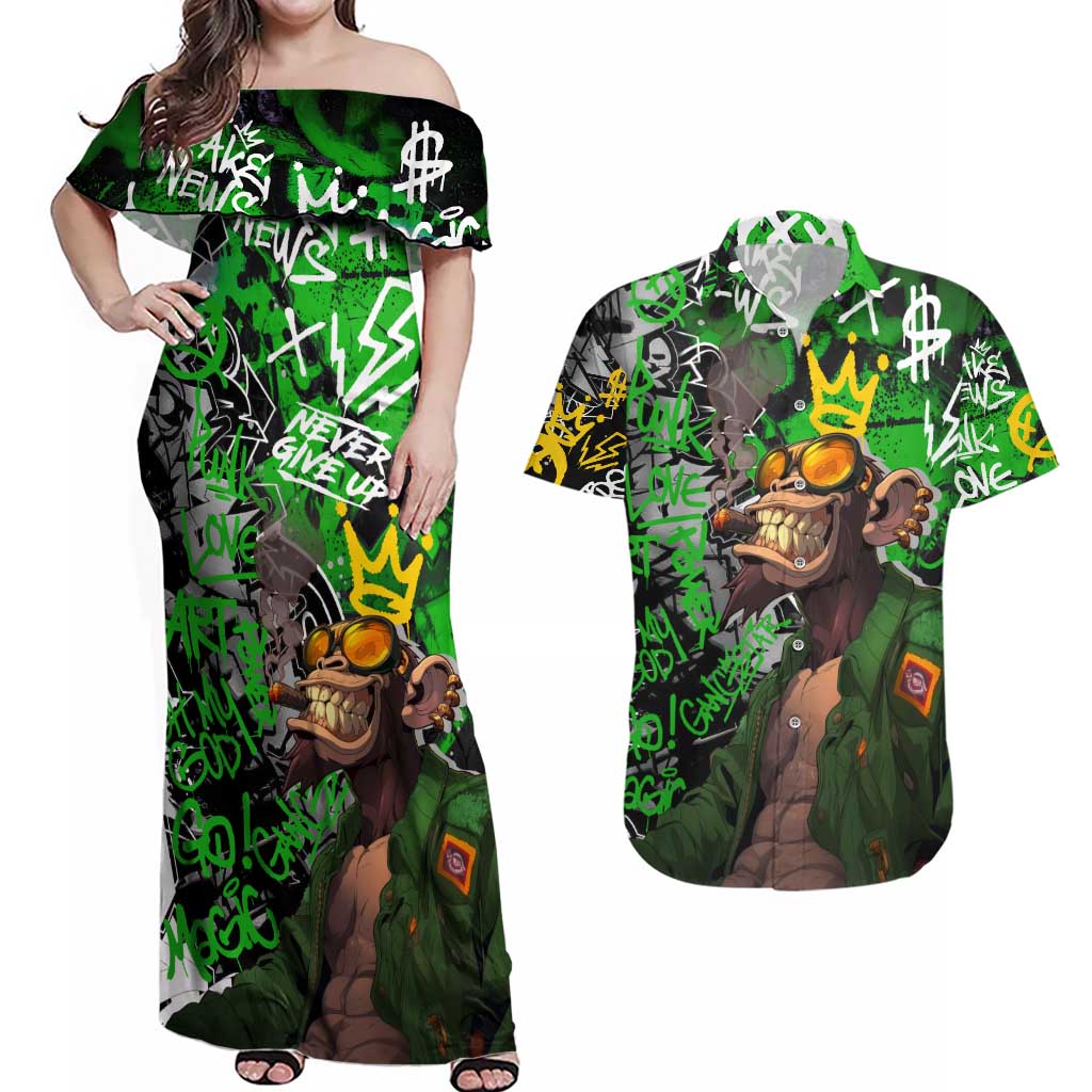 Graffiti Street Art Couples Matching Off Shoulder Maxi Dress and Hawaiian Shirt Smoking Ape Character and Neon Crown Symbols in Green and Yellow Graphic Design - Wonder Print Shop