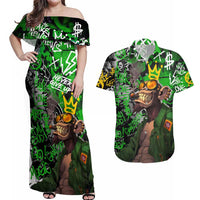 Graffiti Street Art Couples Matching Off Shoulder Maxi Dress and Hawaiian Shirt Smoking Ape Character and Neon Crown Symbols in Green and Yellow Graphic Design - Wonder Print Shop