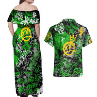Graffiti Street Art Couples Matching Off Shoulder Maxi Dress and Hawaiian Shirt Smoking Ape Character and Neon Crown Symbols in Green and Yellow Graphic Design - Wonder Print Shop