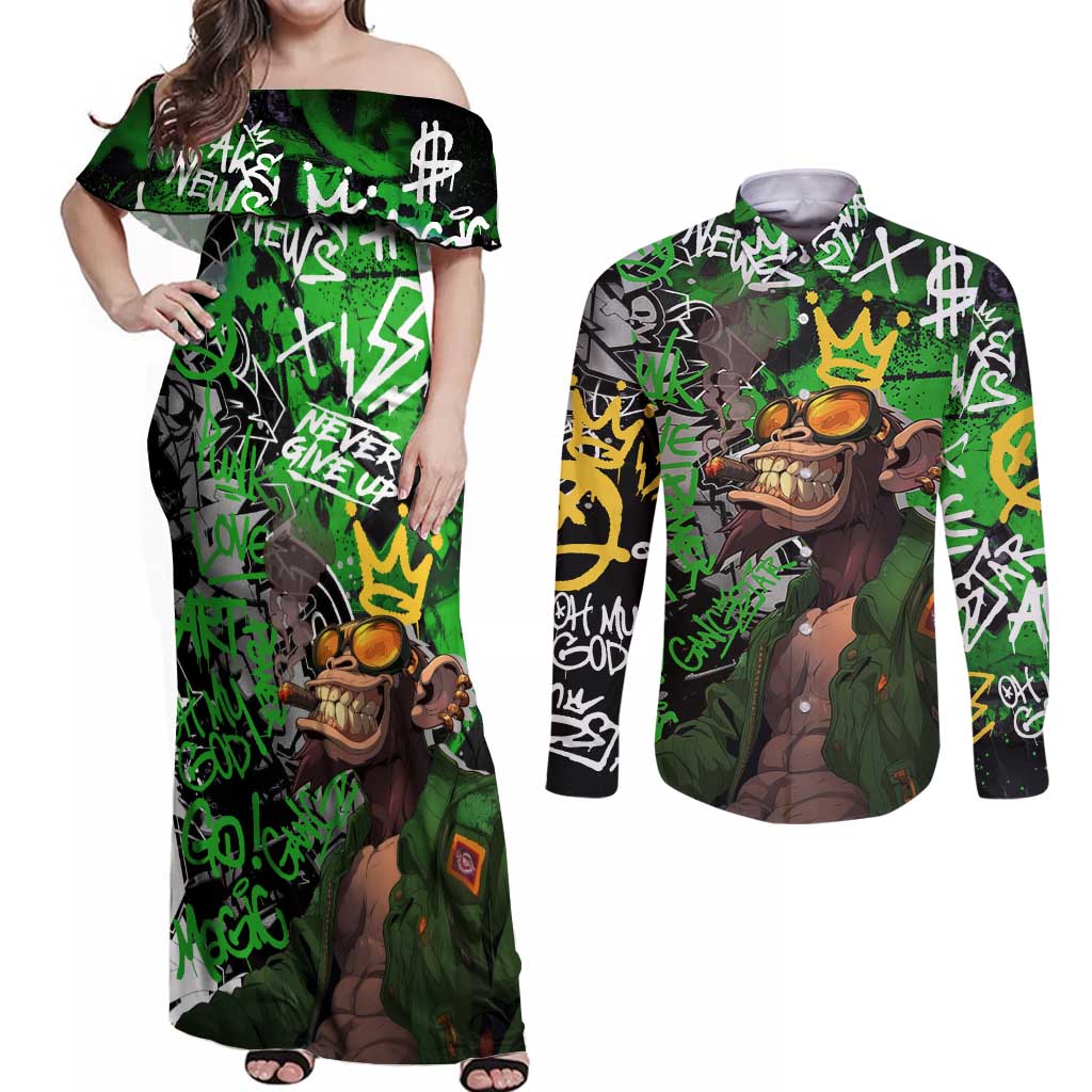 Graffiti Street Art Couples Matching Off Shoulder Maxi Dress and Long Sleeve Button Shirt Smoking Ape Character and Neon Crown Symbols in Green and Yellow Graphic Design - Wonder Print Shop