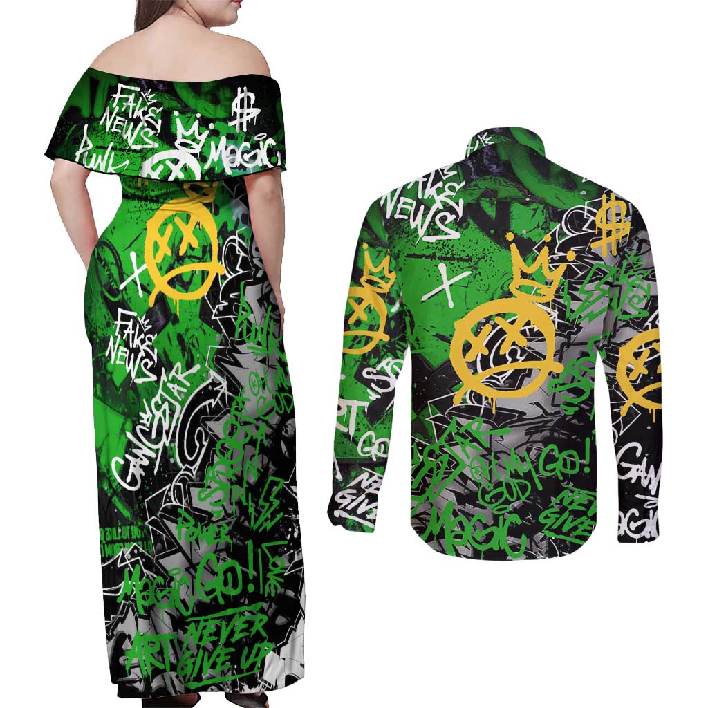 Graffiti Street Art Couples Matching Off Shoulder Maxi Dress and Long Sleeve Button Shirt Smoking Ape Character and Neon Crown Symbols in Green and Yellow Graphic Design - Wonder Print Shop