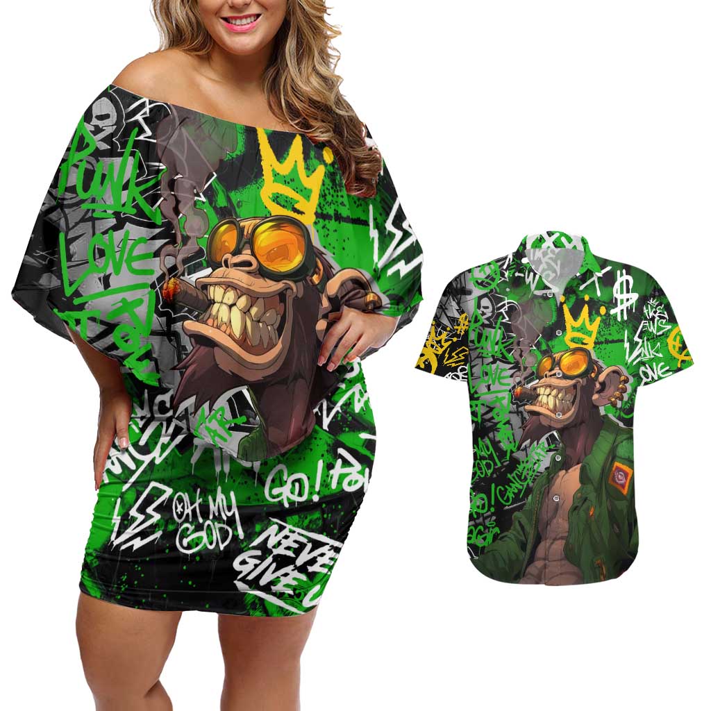 Graffiti Street Art Couples Matching Off Shoulder Short Dress and Hawaiian Shirt Smoking Ape Character and Neon Crown Symbols in Green and Yellow Graphic Design - Wonder Print Shop