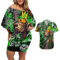 Graffiti Street Art Couples Matching Off Shoulder Short Dress and Hawaiian Shirt Smoking Ape Character and Neon Crown Symbols in Green and Yellow Graphic Design - Wonder Print Shop