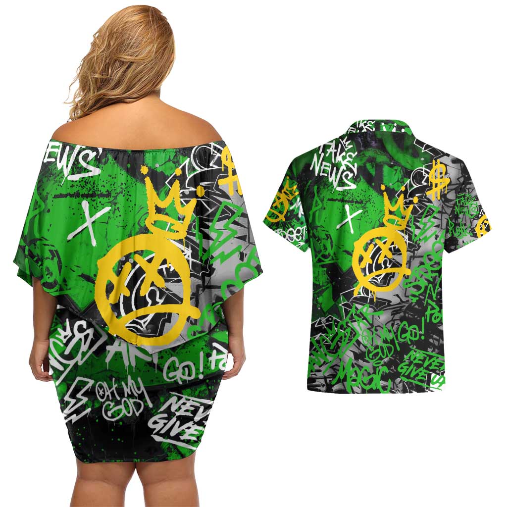 Graffiti Street Art Couples Matching Off Shoulder Short Dress and Hawaiian Shirt Smoking Ape Character and Neon Crown Symbols in Green and Yellow Graphic Design - Wonder Print Shop