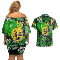 Graffiti Street Art Couples Matching Off Shoulder Short Dress and Hawaiian Shirt Smoking Ape Character and Neon Crown Symbols in Green and Yellow Graphic Design - Wonder Print Shop