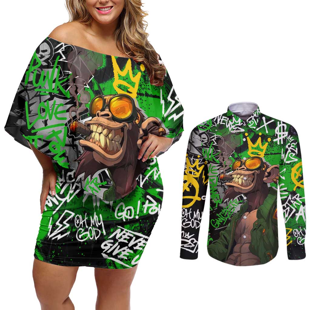 Graffiti Street Art Couples Matching Off Shoulder Short Dress and Long Sleeve Button Shirt Smoking Ape Character and Neon Crown Symbols in Green and Yellow Graphic Design - Wonder Print Shop