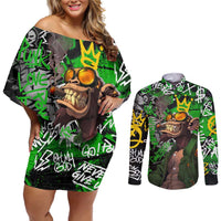 Graffiti Street Art Couples Matching Off Shoulder Short Dress and Long Sleeve Button Shirt Smoking Ape Character and Neon Crown Symbols in Green and Yellow Graphic Design - Wonder Print Shop