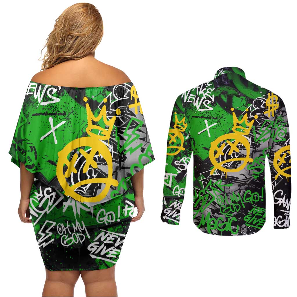 Graffiti Street Art Couples Matching Off Shoulder Short Dress and Long Sleeve Button Shirt Smoking Ape Character and Neon Crown Symbols in Green and Yellow Graphic Design - Wonder Print Shop