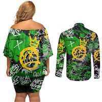 Graffiti Street Art Couples Matching Off Shoulder Short Dress and Long Sleeve Button Shirt Smoking Ape Character and Neon Crown Symbols in Green and Yellow Graphic Design - Wonder Print Shop