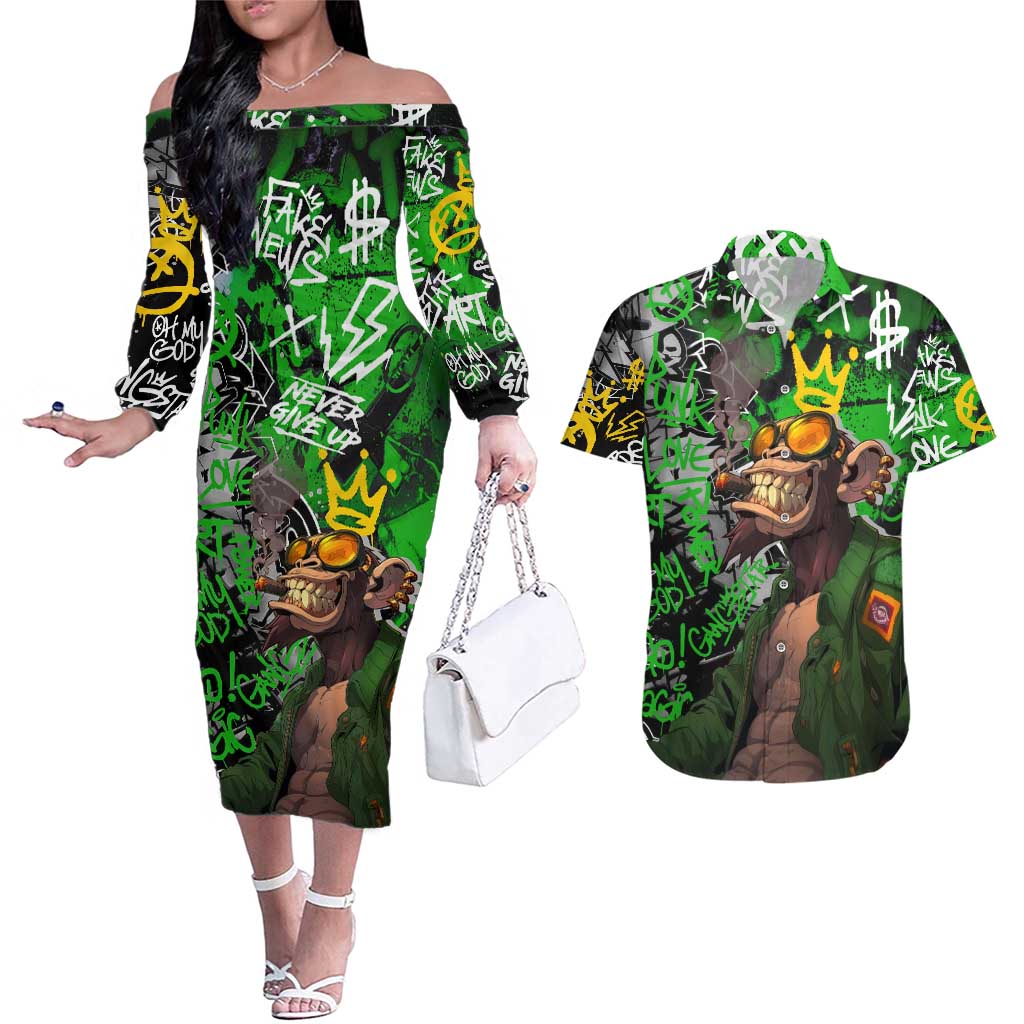 Graffiti Street Art Couples Matching Off The Shoulder Long Sleeve Dress and Hawaiian Shirt Smoking Ape Character and Neon Crown Symbols in Green and Yellow Graphic Design - Wonder Print Shop