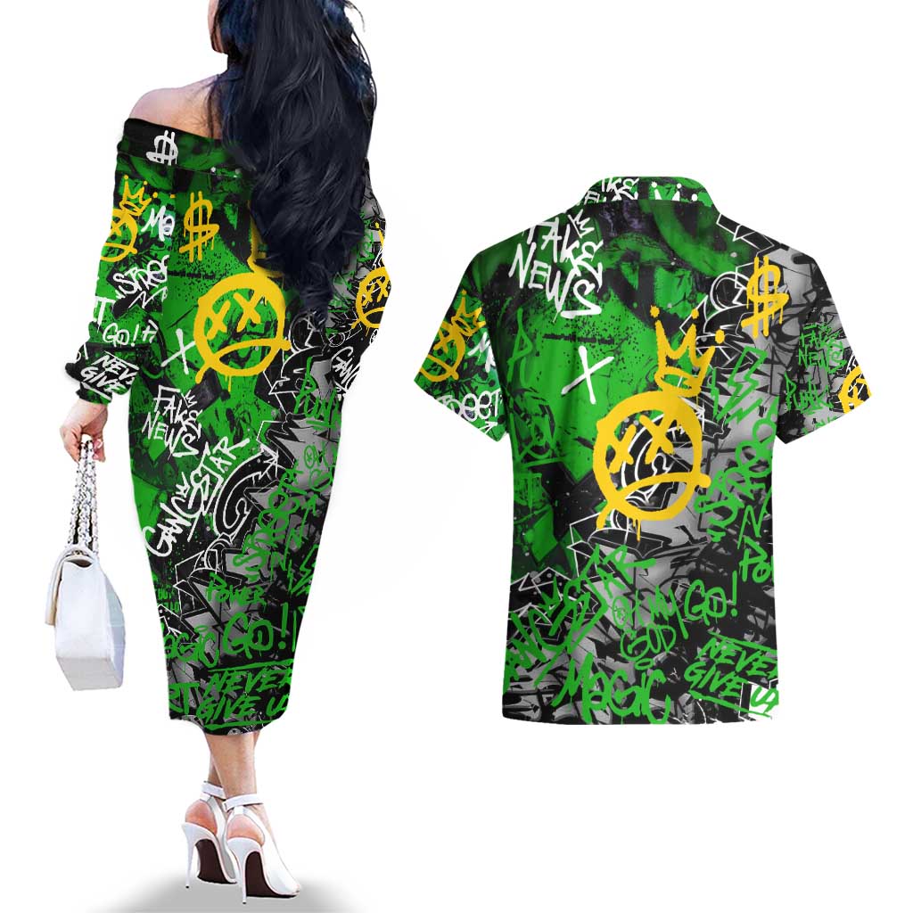 Graffiti Street Art Couples Matching Off The Shoulder Long Sleeve Dress and Hawaiian Shirt Smoking Ape Character and Neon Crown Symbols in Green and Yellow Graphic Design - Wonder Print Shop