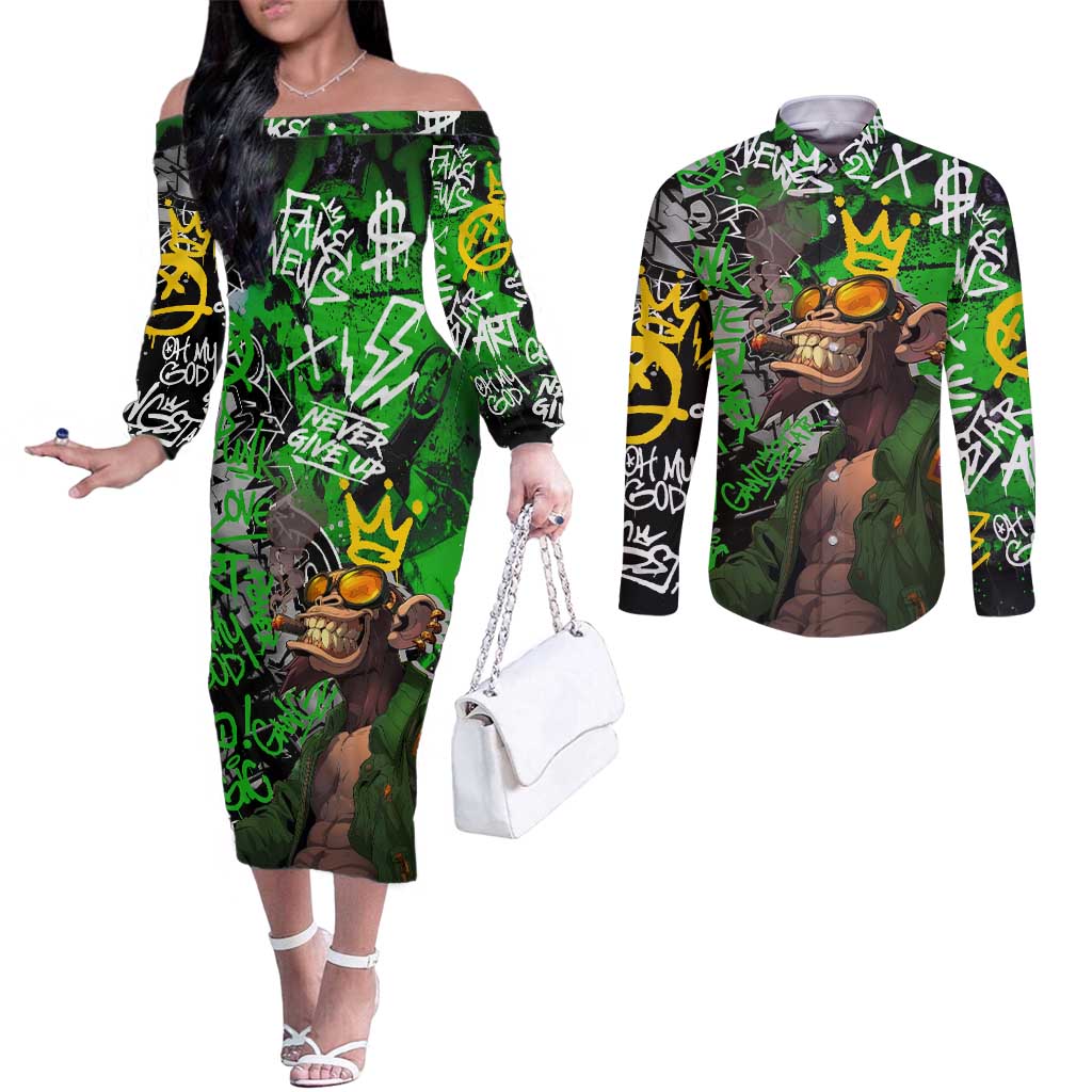 Graffiti Street Art Couples Matching Off The Shoulder Long Sleeve Dress and Long Sleeve Button Shirt Smoking Ape Character and Neon Crown Symbols in Green and Yellow Graphic Design - Wonder Print Shop