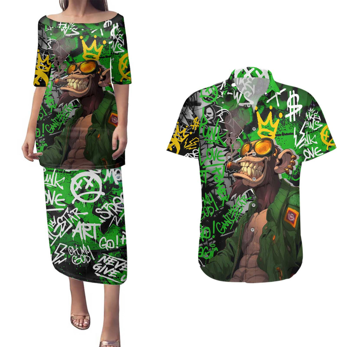 Graffiti Street Art Couples Matching Puletasi and Hawaiian Shirt Smoking Ape Character and Neon Crown Symbols in Green and Yellow Graphic Design - Wonder Print Shop