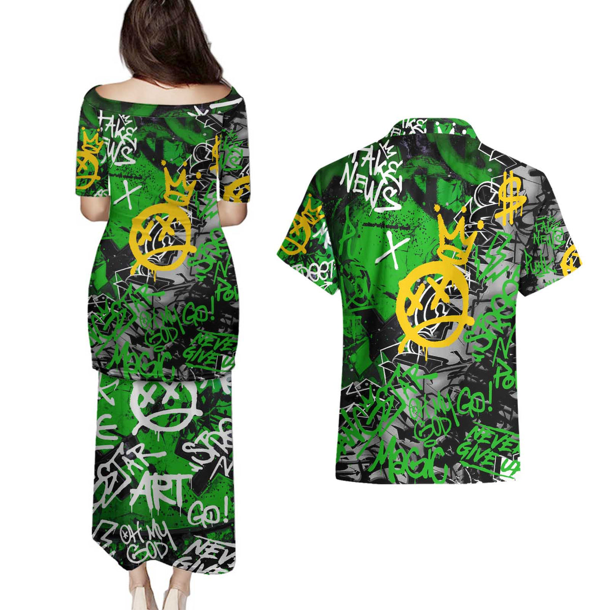 Graffiti Street Art Couples Matching Puletasi and Hawaiian Shirt Smoking Ape Character and Neon Crown Symbols in Green and Yellow Graphic Design - Wonder Print Shop
