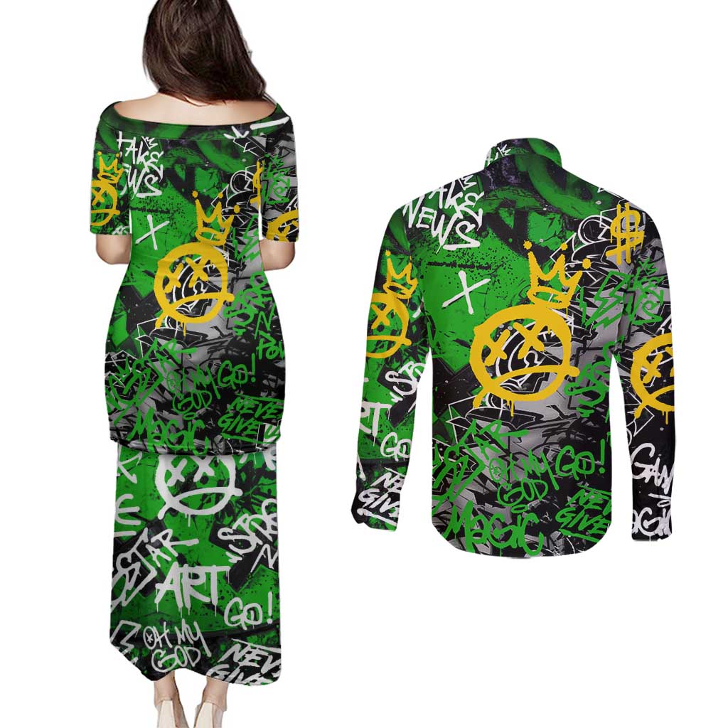 Graffiti Street Art Couples Matching Puletasi and Long Sleeve Button Shirt Smoking Ape Character and Neon Crown Symbols in Green and Yellow Graphic Design - Wonder Print Shop