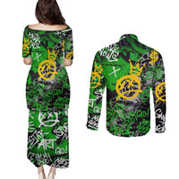 Graffiti Street Art Couples Matching Puletasi and Long Sleeve Button Shirt Smoking Ape Character and Neon Crown Symbols in Green and Yellow Graphic Design - Wonder Print Shop