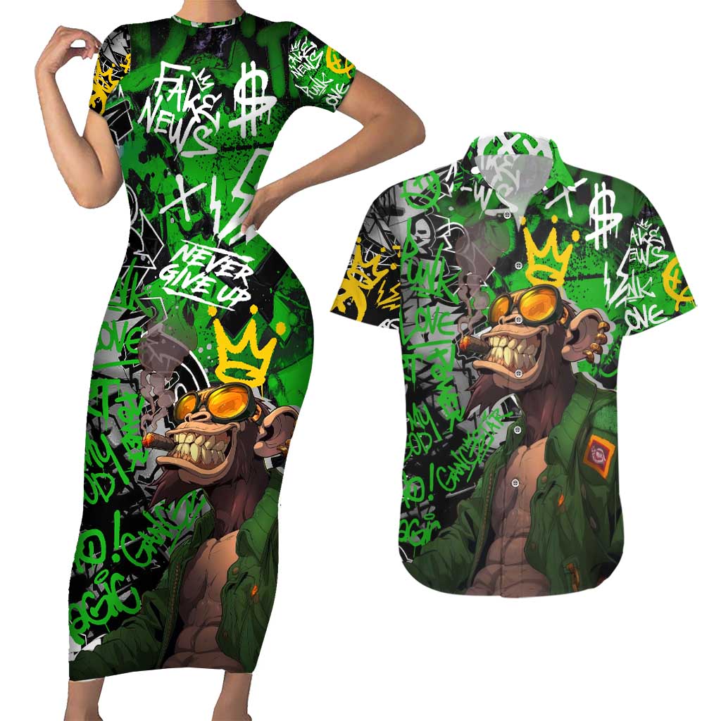 Graffiti Street Art Couples Matching Short Sleeve Bodycon Dress and Hawaiian Shirt Smoking Ape Character and Neon Crown Symbols in Green and Yellow Graphic Design - Wonder Print Shop