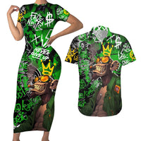 Graffiti Street Art Couples Matching Short Sleeve Bodycon Dress and Hawaiian Shirt Smoking Ape Character and Neon Crown Symbols in Green and Yellow Graphic Design - Wonder Print Shop