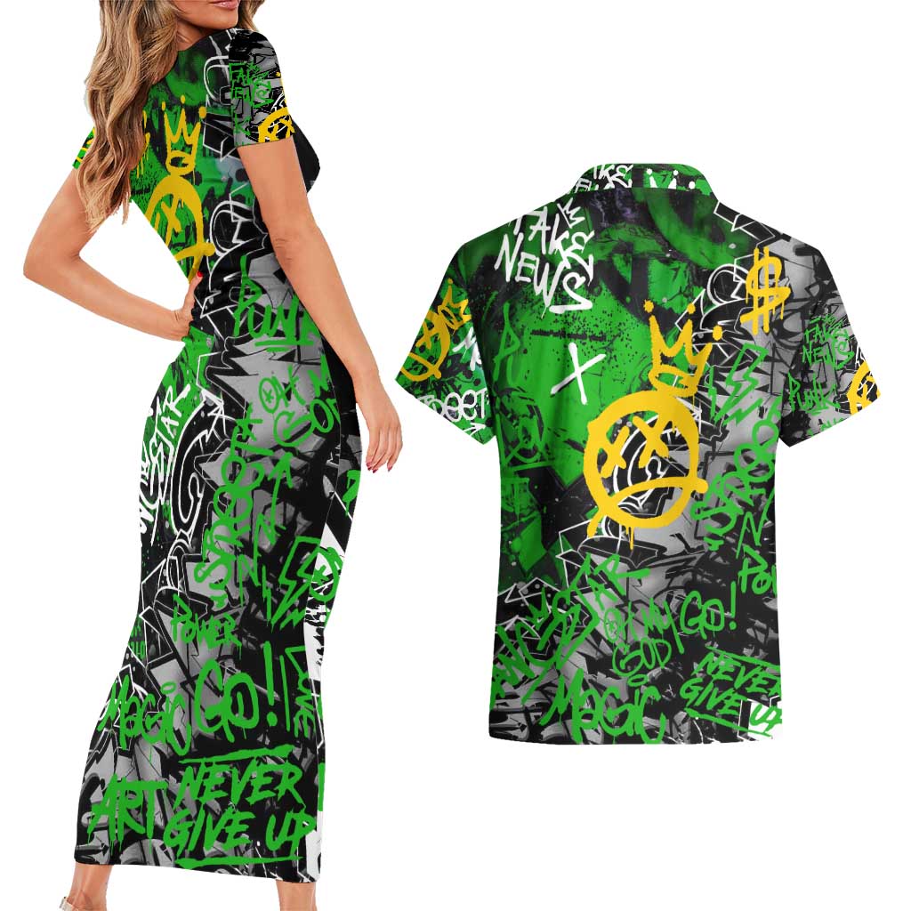 Graffiti Street Art Couples Matching Short Sleeve Bodycon Dress and Hawaiian Shirt Smoking Ape Character and Neon Crown Symbols in Green and Yellow Graphic Design - Wonder Print Shop