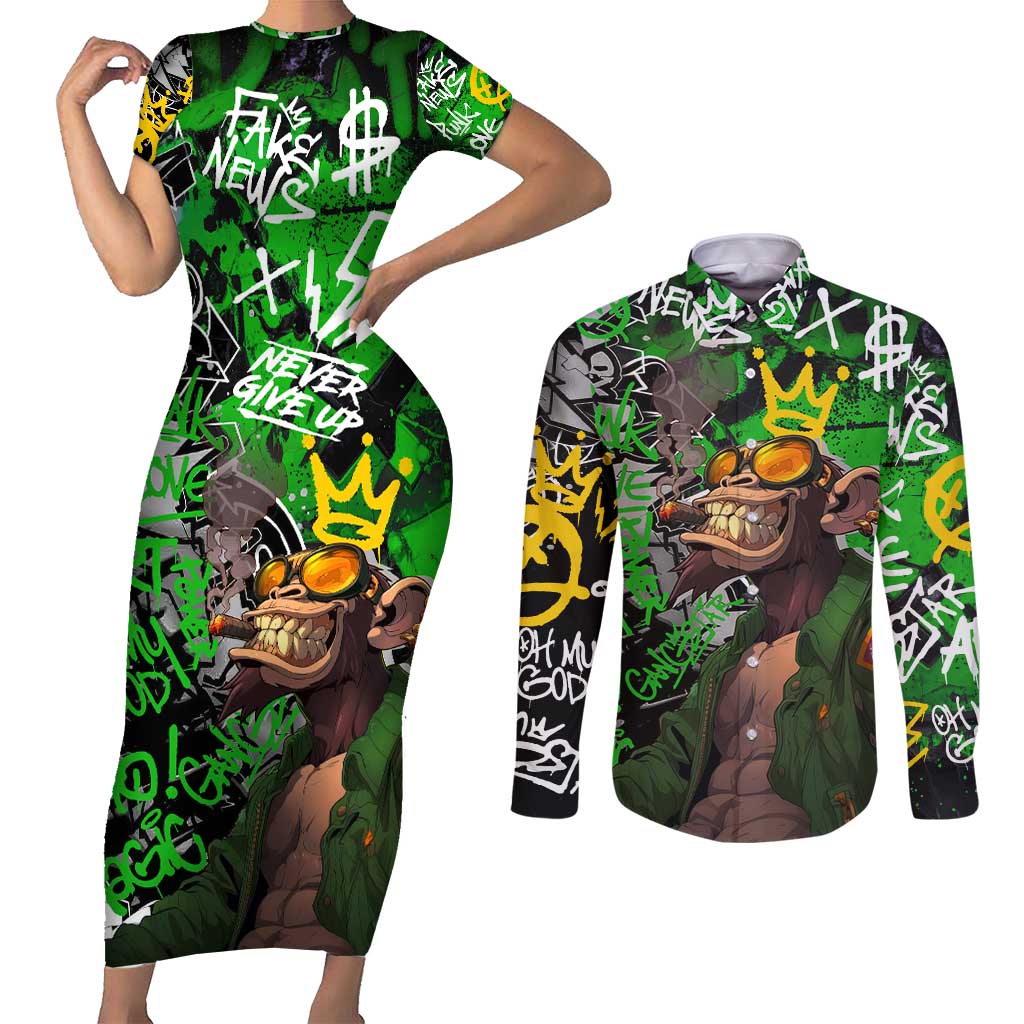 Graffiti Street Art Couples Matching Short Sleeve Bodycon Dress and Long Sleeve Button Shirt Smoking Ape Character and Neon Crown Symbols in Green and Yellow Graphic Design - Wonder Print Shop
