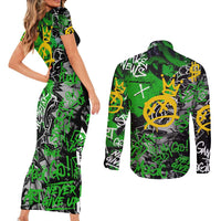 Graffiti Street Art Couples Matching Short Sleeve Bodycon Dress and Long Sleeve Button Shirt Smoking Ape Character and Neon Crown Symbols in Green and Yellow Graphic Design - Wonder Print Shop