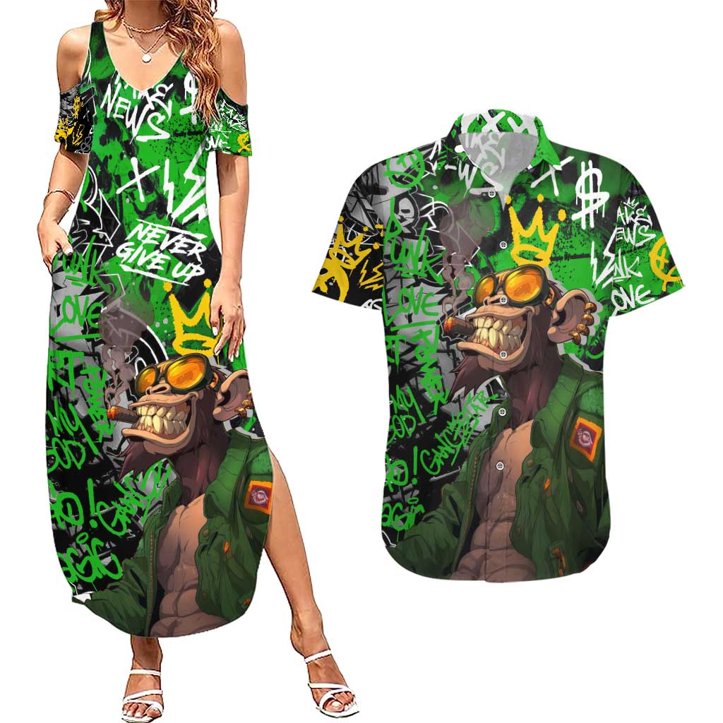 Graffiti Street Art Couples Matching Summer Maxi Dress and Hawaiian Shirt Smoking Ape Character and Neon Crown Symbols in Green and Yellow Graphic Design - Wonder Print Shop