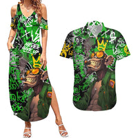 Graffiti Street Art Couples Matching Summer Maxi Dress and Hawaiian Shirt Smoking Ape Character and Neon Crown Symbols in Green and Yellow Graphic Design - Wonder Print Shop