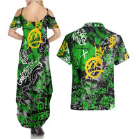 Graffiti Street Art Couples Matching Summer Maxi Dress and Hawaiian Shirt Smoking Ape Character and Neon Crown Symbols in Green and Yellow Graphic Design - Wonder Print Shop