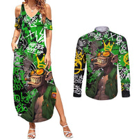 Graffiti Street Art Couples Matching Summer Maxi Dress and Long Sleeve Button Shirt Smoking Ape Character and Neon Crown Symbols in Green and Yellow Graphic Design - Wonder Print Shop