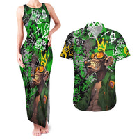 Graffiti Street Art Couples Matching Tank Maxi Dress and Hawaiian Shirt Smoking Ape Character and Neon Crown Symbols in Green and Yellow Graphic Design - Wonder Print Shop