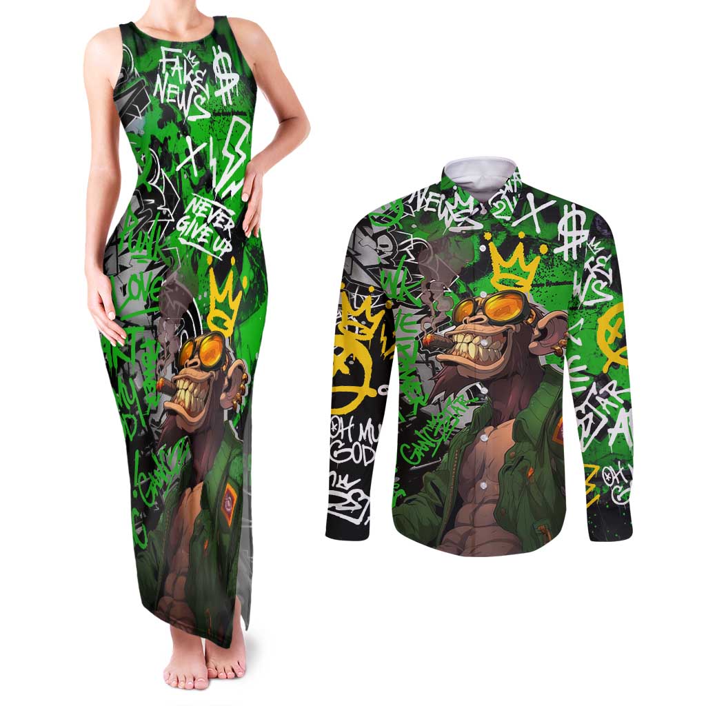 Graffiti Street Art Couples Matching Tank Maxi Dress and Long Sleeve Button Shirt Smoking Ape Character and Neon Crown Symbols in Green and Yellow Graphic Design - Wonder Print Shop