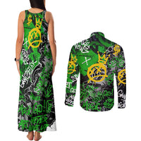 Graffiti Street Art Couples Matching Tank Maxi Dress and Long Sleeve Button Shirt Smoking Ape Character and Neon Crown Symbols in Green and Yellow Graphic Design - Wonder Print Shop