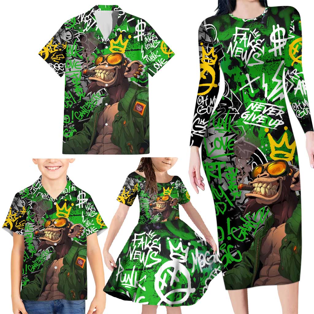Graffiti Street Art Family Matching Long Sleeve Bodycon Dress and Hawaiian Shirt Smoking Ape Character and Neon Crown Symbols in Green and Yellow Graphic Design - Wonder Print Shop