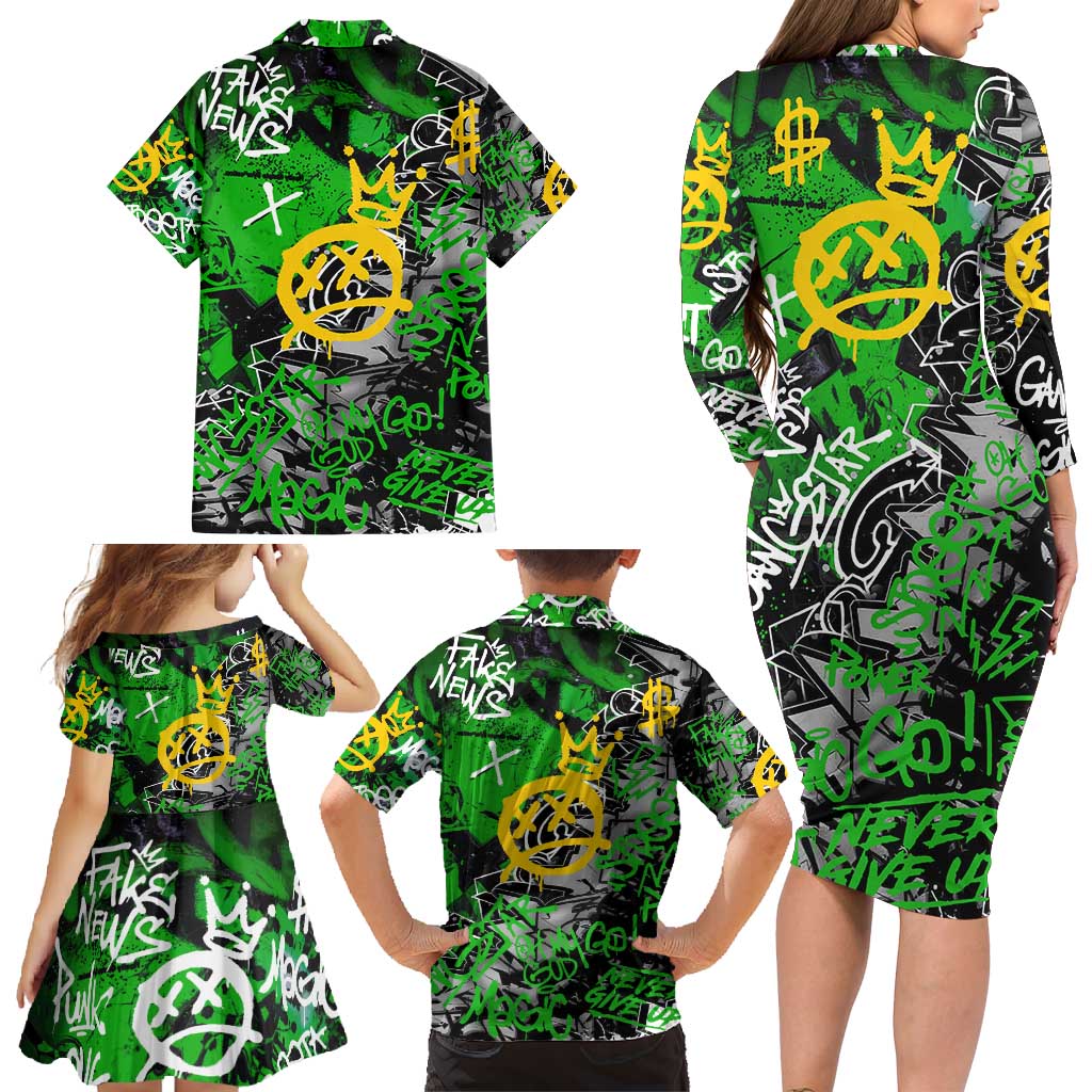 Graffiti Street Art Family Matching Long Sleeve Bodycon Dress and Hawaiian Shirt Smoking Ape Character and Neon Crown Symbols in Green and Yellow Graphic Design - Wonder Print Shop