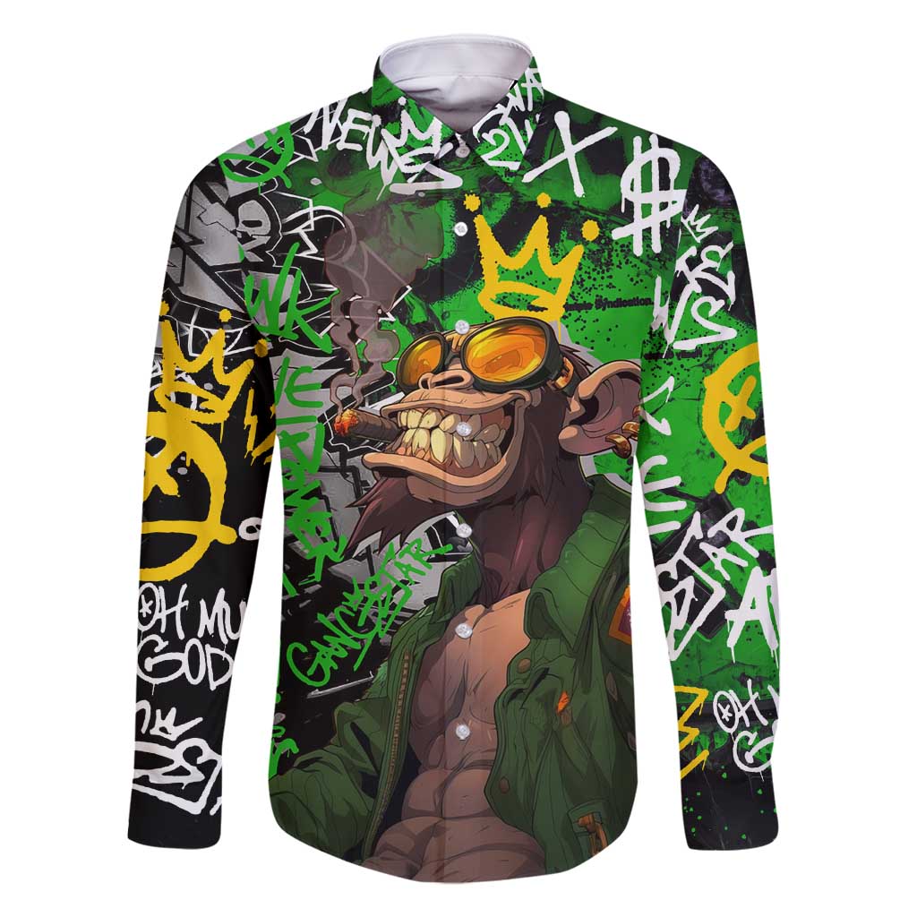 Graffiti Street Art Family Matching Long Sleeve Bodycon Dress and Hawaiian Shirt Smoking Ape Character and Neon Crown Symbols in Green and Yellow Graphic Design - Wonder Print Shop
