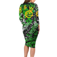 Graffiti Street Art Family Matching Long Sleeve Bodycon Dress and Hawaiian Shirt Smoking Ape Character and Neon Crown Symbols in Green and Yellow Graphic Design - Wonder Print Shop