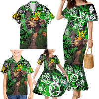 Graffiti Street Art Family Matching Mermaid Dress and Hawaiian Shirt Smoking Ape Character and Neon Crown Symbols in Green and Yellow Graphic Design - Wonder Print Shop