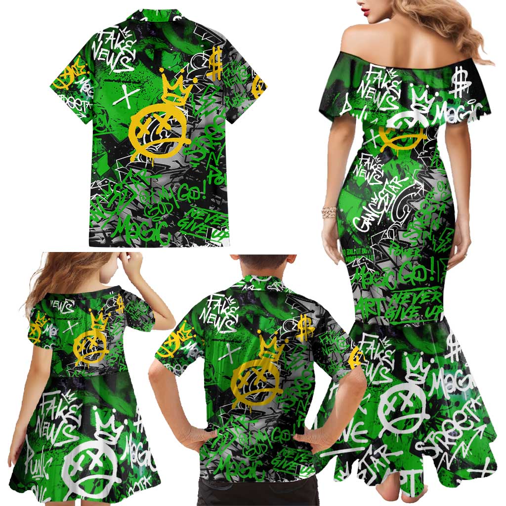 Graffiti Street Art Family Matching Mermaid Dress and Hawaiian Shirt Smoking Ape Character and Neon Crown Symbols in Green and Yellow Graphic Design - Wonder Print Shop