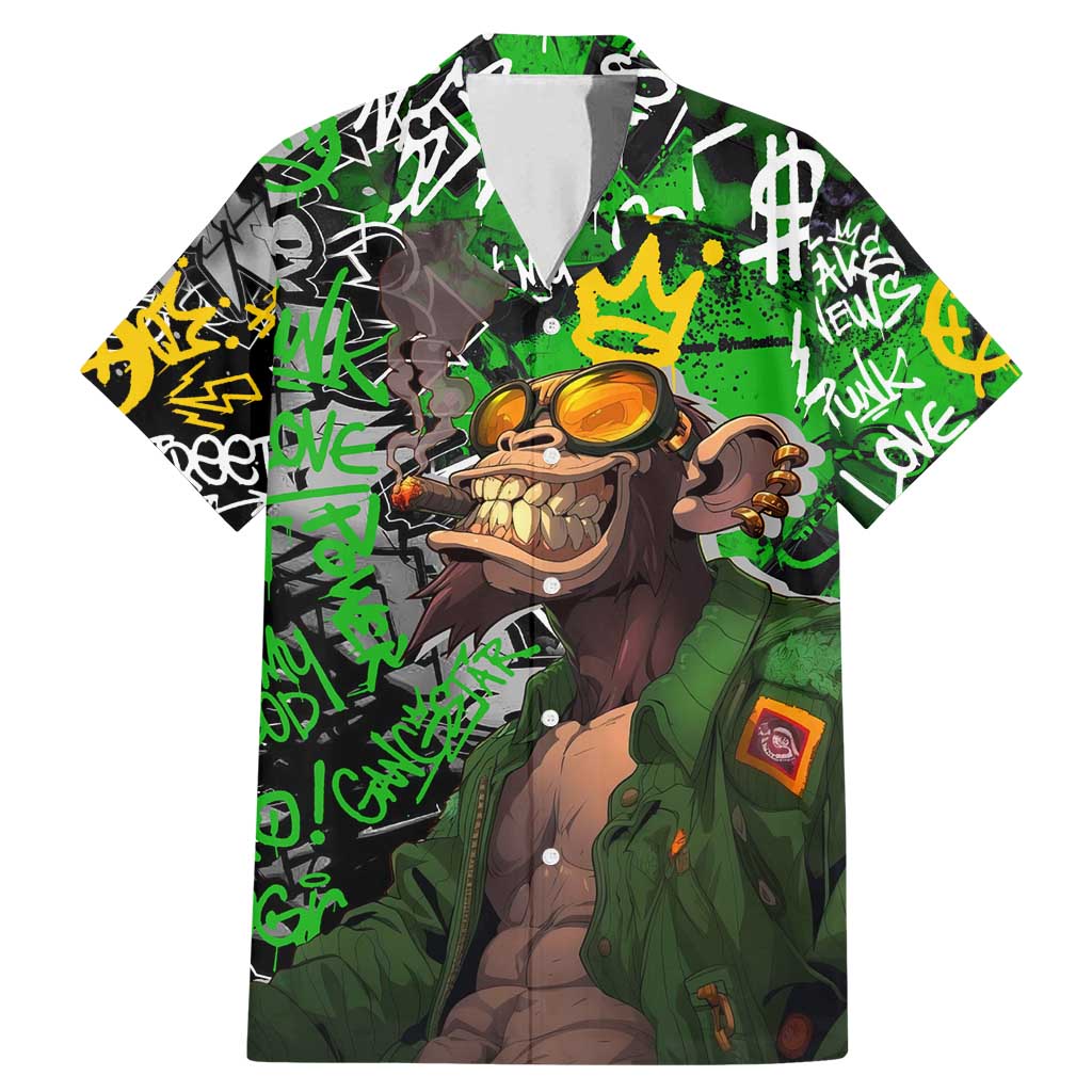 Graffiti Street Art Family Matching Mermaid Dress and Hawaiian Shirt Smoking Ape Character and Neon Crown Symbols in Green and Yellow Graphic Design - Wonder Print Shop