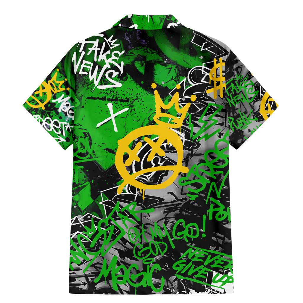 Graffiti Street Art Family Matching Mermaid Dress and Hawaiian Shirt Smoking Ape Character and Neon Crown Symbols in Green and Yellow Graphic Design - Wonder Print Shop