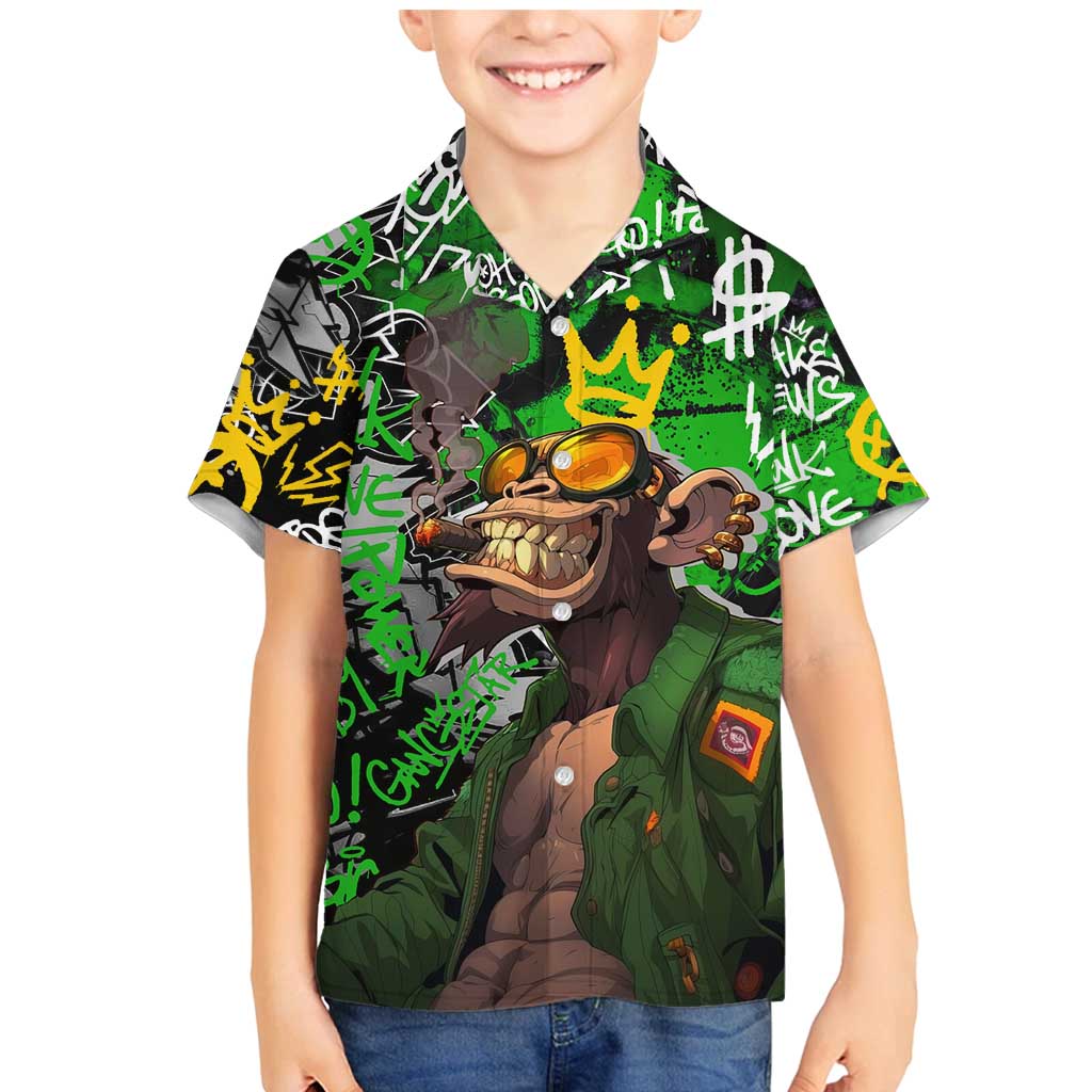 Graffiti Street Art Family Matching Mermaid Dress and Hawaiian Shirt Smoking Ape Character and Neon Crown Symbols in Green and Yellow Graphic Design - Wonder Print Shop