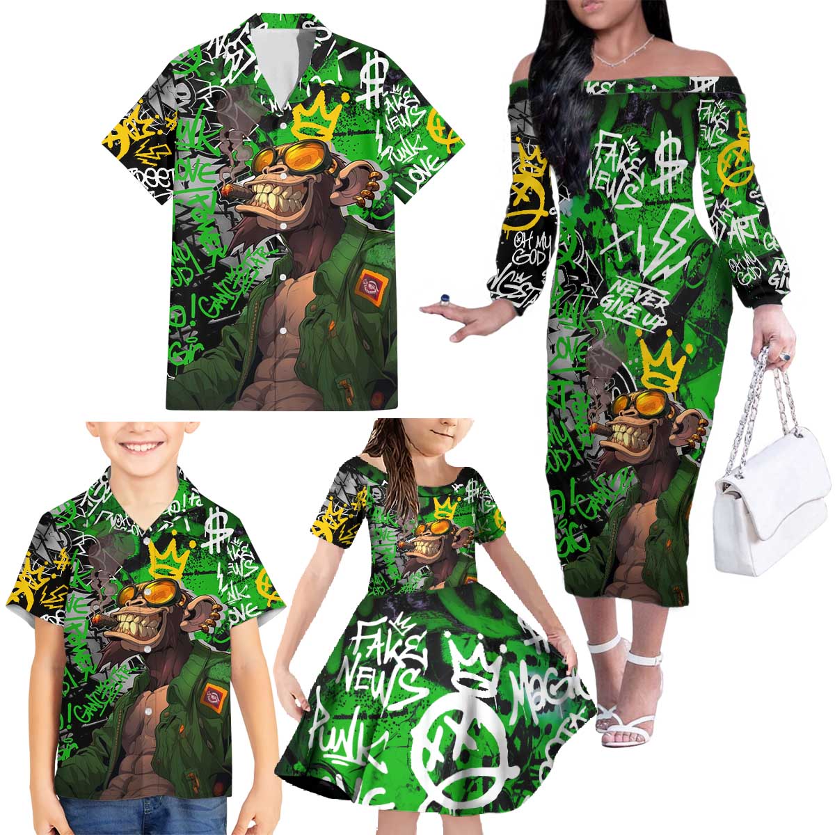 Graffiti Street Art Family Matching Off The Shoulder Long Sleeve Dress and Hawaiian Shirt Smoking Ape Character and Neon Crown Symbols in Green and Yellow Graphic Design - Wonder Print Shop