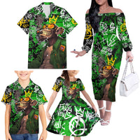 Graffiti Street Art Family Matching Off The Shoulder Long Sleeve Dress and Hawaiian Shirt Smoking Ape Character and Neon Crown Symbols in Green and Yellow Graphic Design - Wonder Print Shop