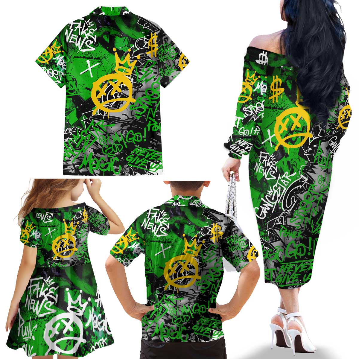 Graffiti Street Art Family Matching Off The Shoulder Long Sleeve Dress and Hawaiian Shirt Smoking Ape Character and Neon Crown Symbols in Green and Yellow Graphic Design - Wonder Print Shop